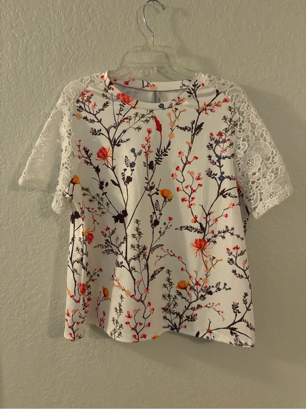 Floral Lace Sleeve Women's Top - White with Orange & Navy Print NoraCora XL
